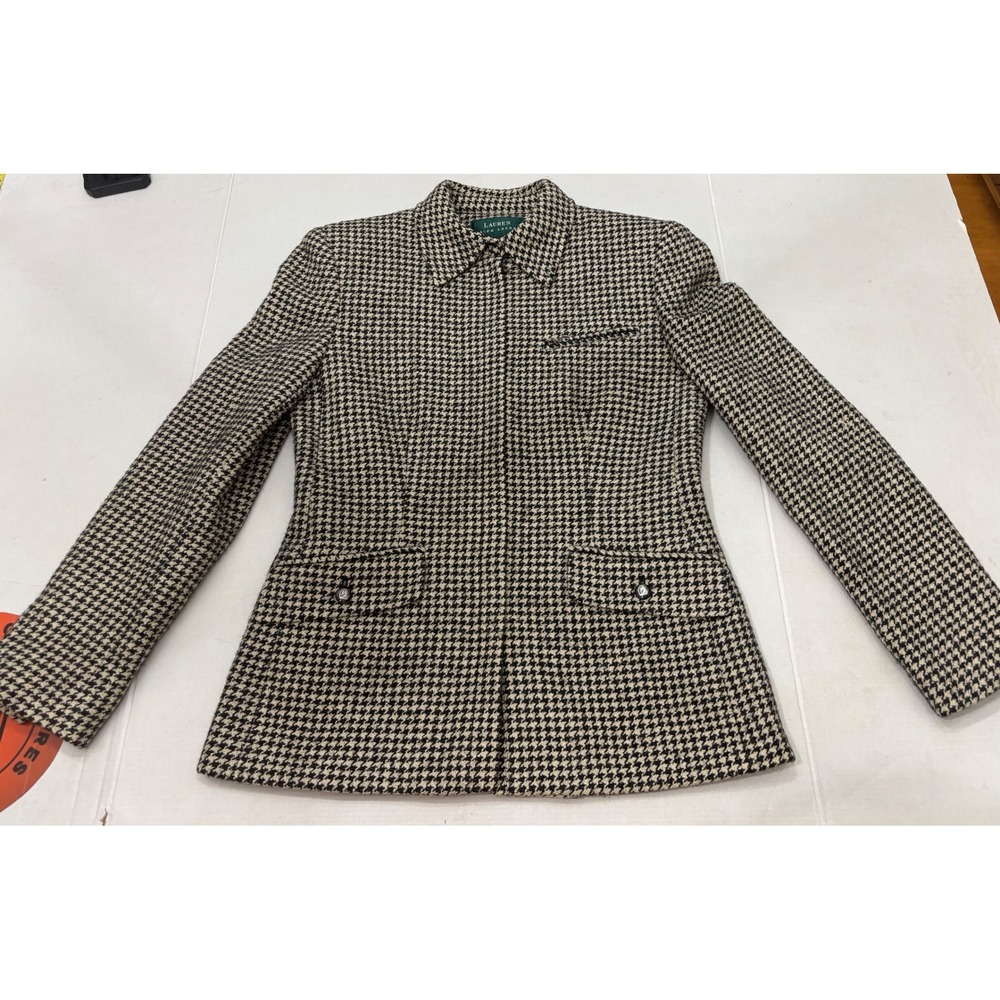 Lauren Ralph Lauren Silk Wool Houndstooth Blazer Jacket Black Tan 4